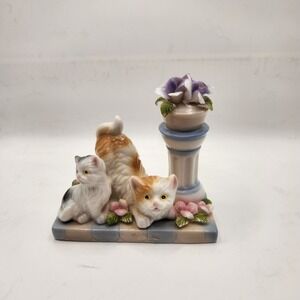 Vintage Porcelain Kittens Figurine with Flower Pedestal Hand Painted Cats